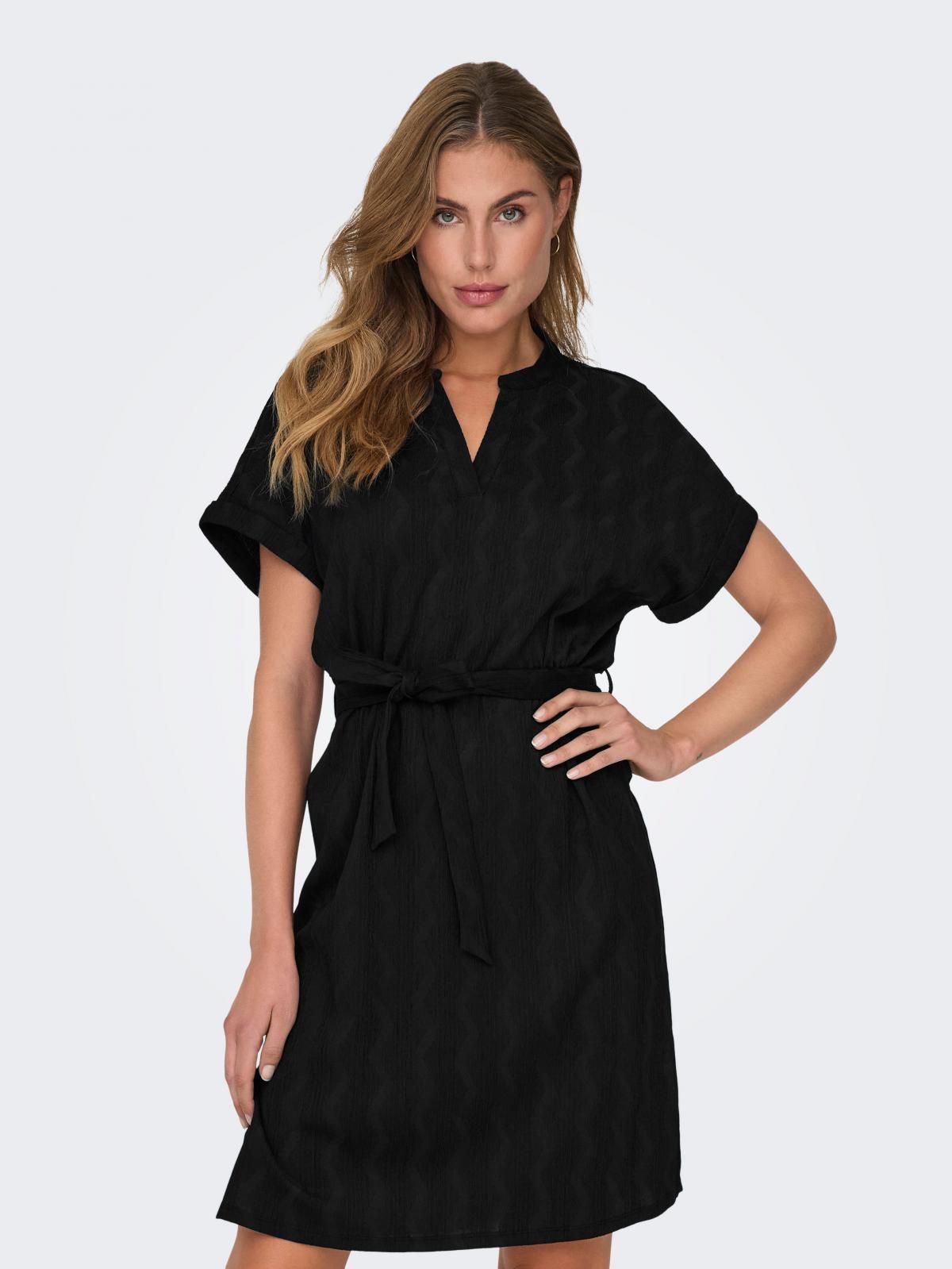온리 베이직 브이넥 벨트 미니 원피스 15333482_2161 BLACK / BLACK - 상품 이미지