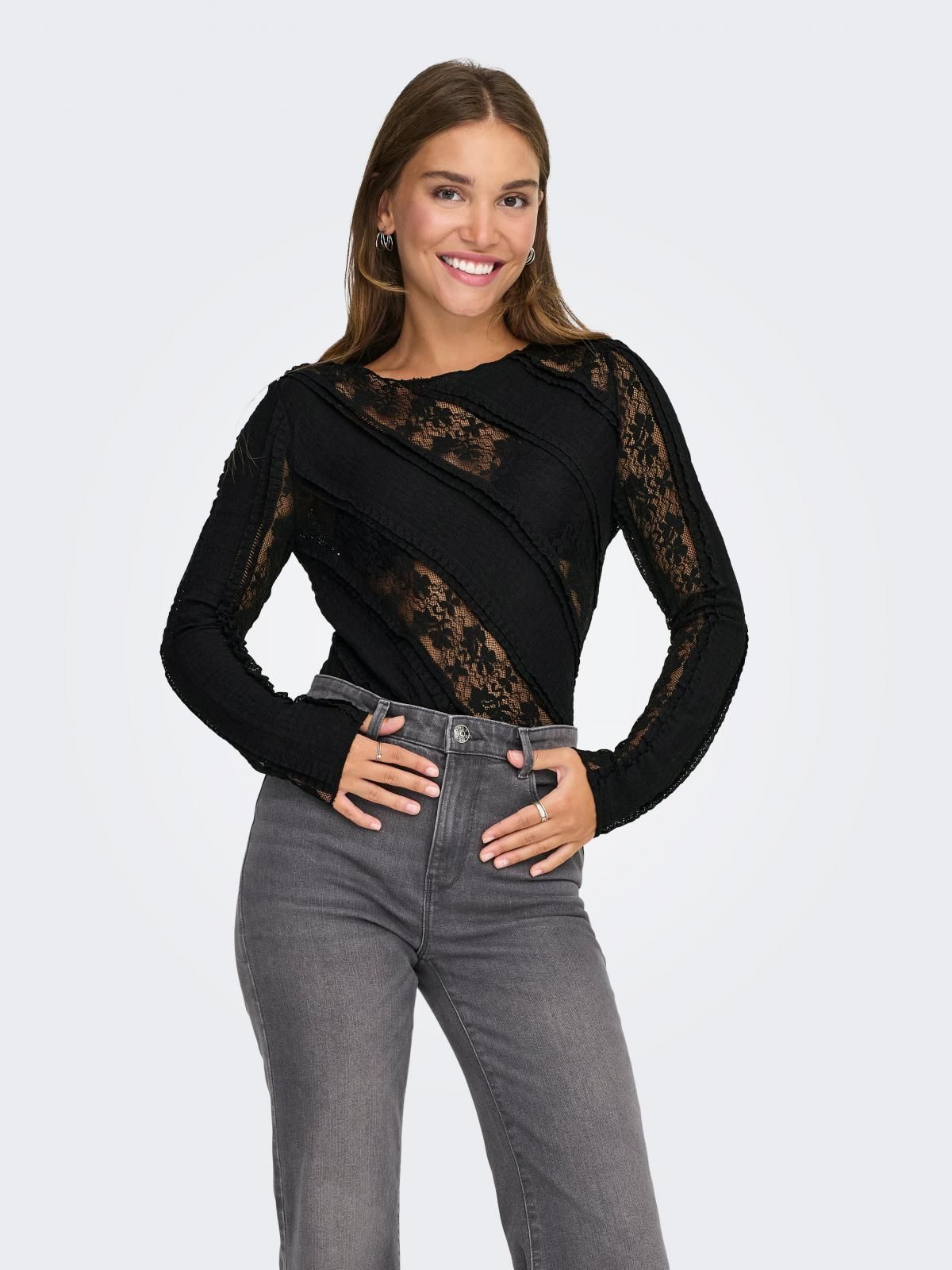 온리 레이스 디테일 블랙 긴팔 티셔츠 15370569_2161 BLACK / BLACK - 상품 이미지