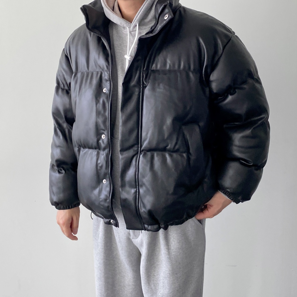 숏패딩 남자 겨울 웰론 푸퍼패딩 레더 가죽 긴팔 겨울잠바 - 상세 이미지 4