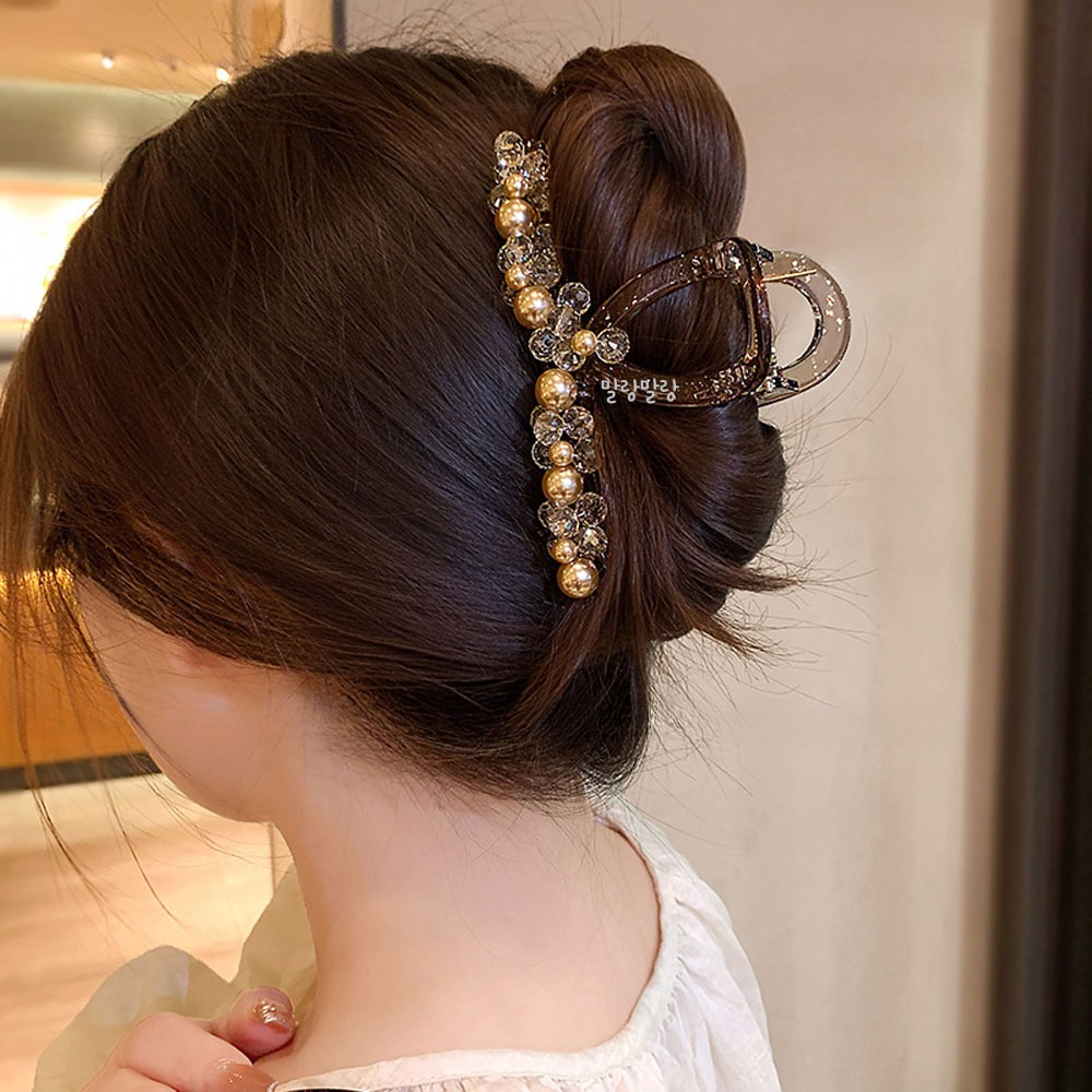 샴페인 진주 투명집게핀 크리스탈 비즈 헤어핀 명품머리핀 - 상세 이미지 3