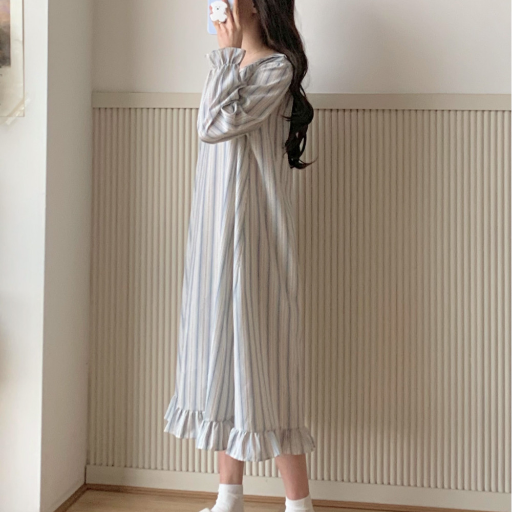B급상품 원피스잠옷 커플 순면 스트라이프 파자마 봄 가을 신혼부부 남자 홈웨어 세트 - 상품 이미지