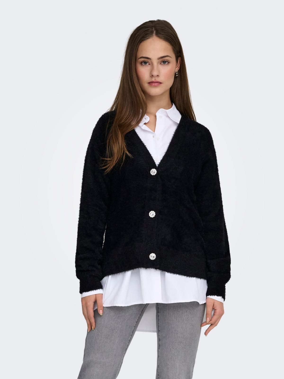 온리 베이직 브이넥 니트 가디건 15259564_2161 BLACK / BLACK - 상품 이미지