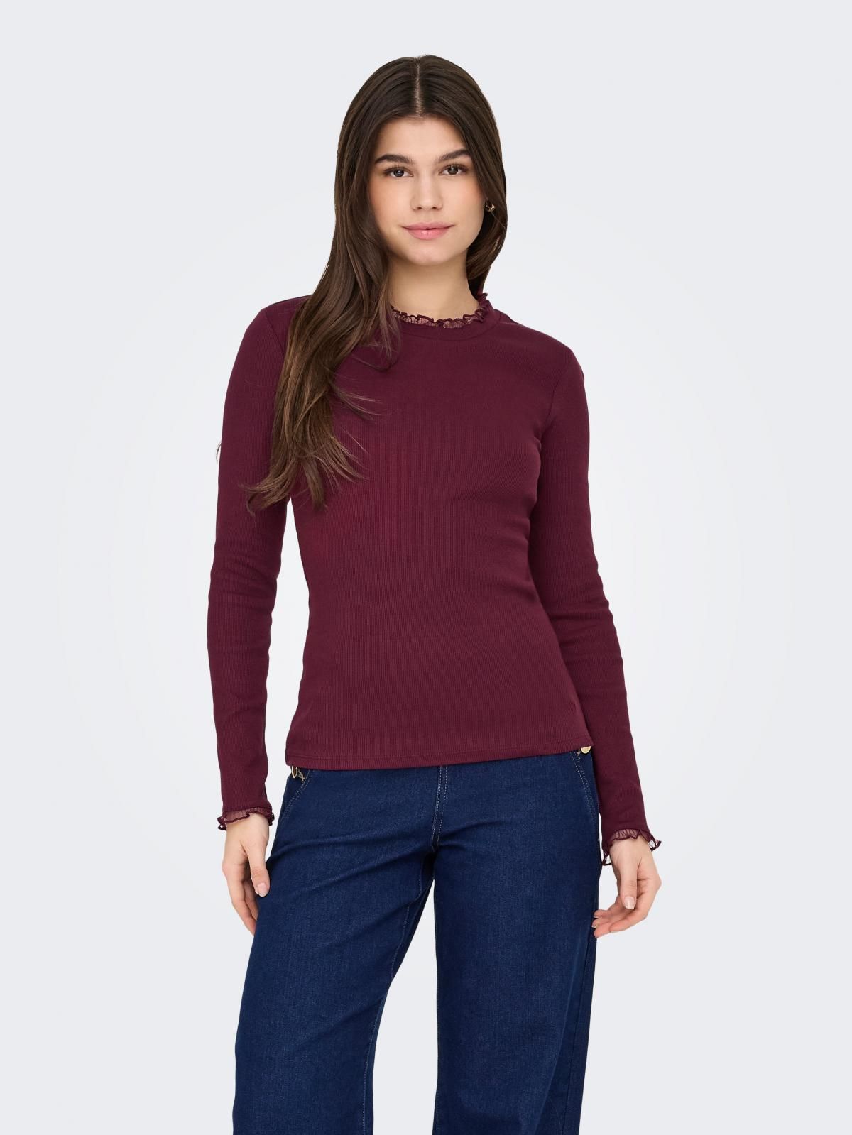 온리 레이스 라운드넥 긴팔 티셔츠 버건디 15277888_1013 PURPLE / BURGUNDY - 상세 이미지 2