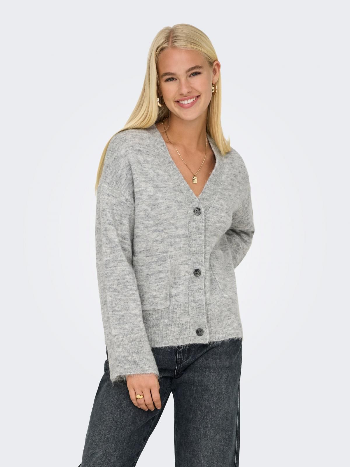 온리 라이트그레이 베이직 브이넥 니트 가디건 15346649_2381 - 상품 이미지