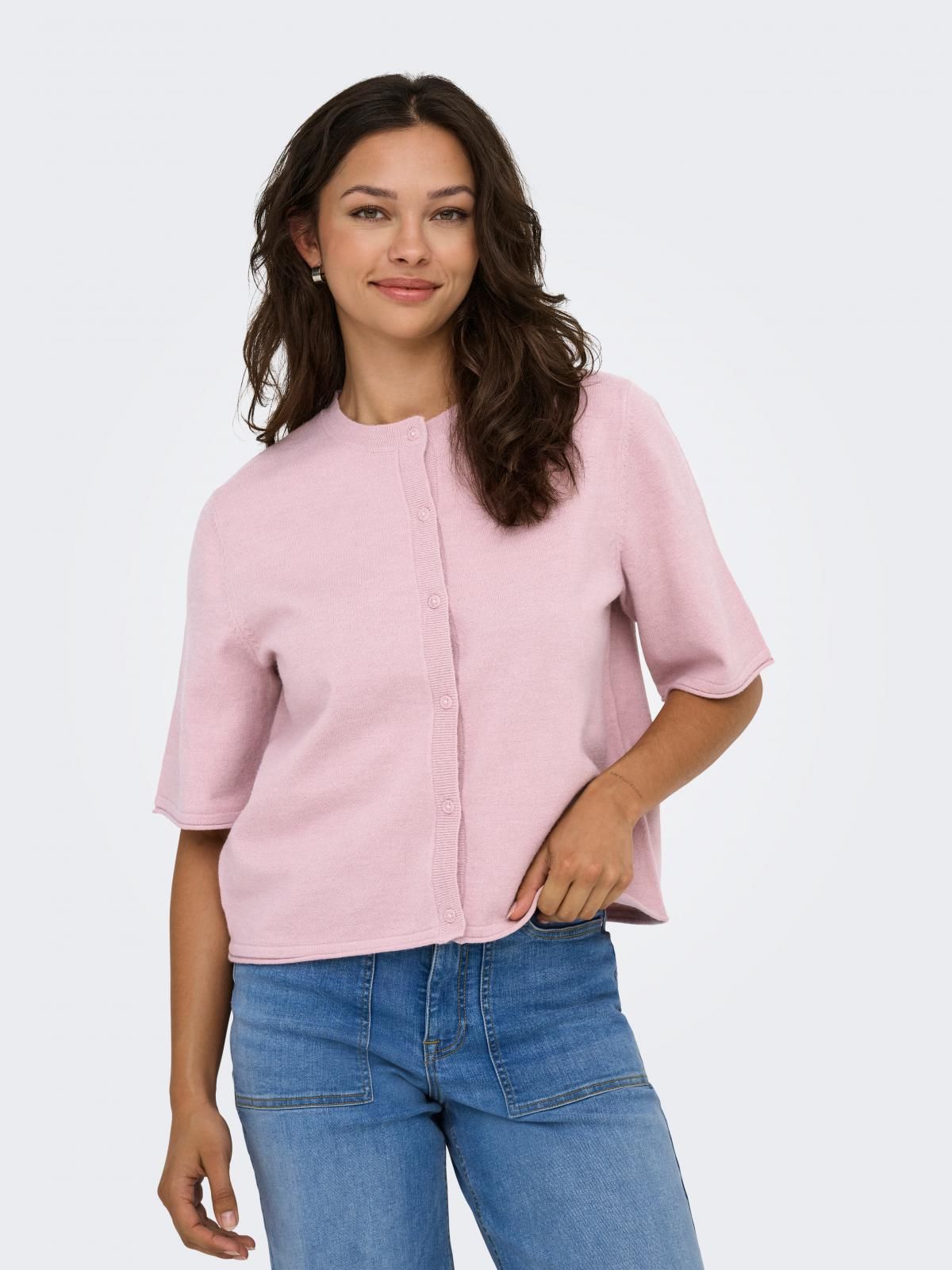 온리 라운드넥 니트 반팔 버튼 숏 가디건 15357001_990 ROSE / PALE MAUVE - 상품 이미지