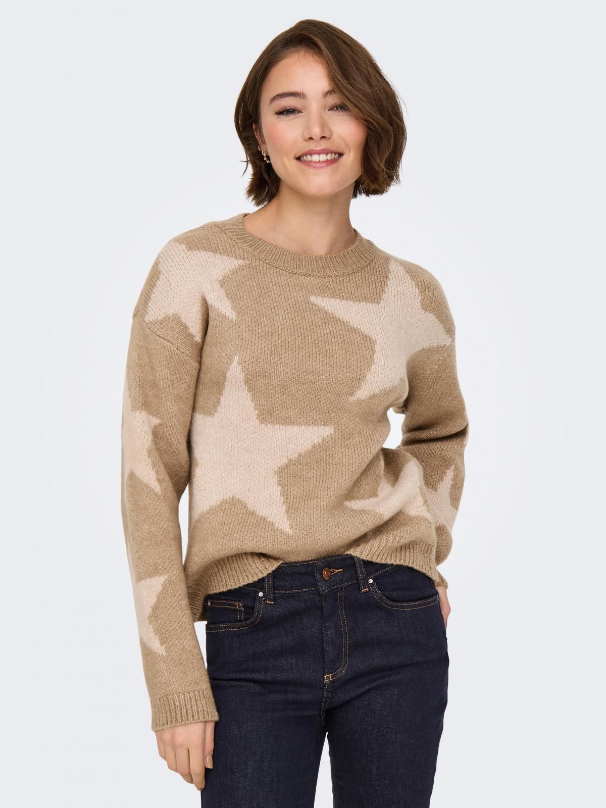 온리 스타 패턴 라운드넥 니트 베이지 15354026_2011_1205184 BROWN / TOASTED COCONUT 이미지 6