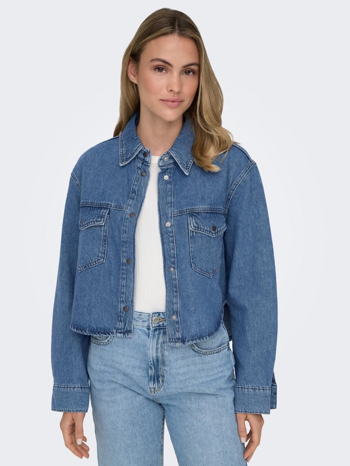 온리 트렌디 크롭 데님 셔츠 15332079_2115 BLUE / MEDIUM BLUE DENIM - 상품 이미지