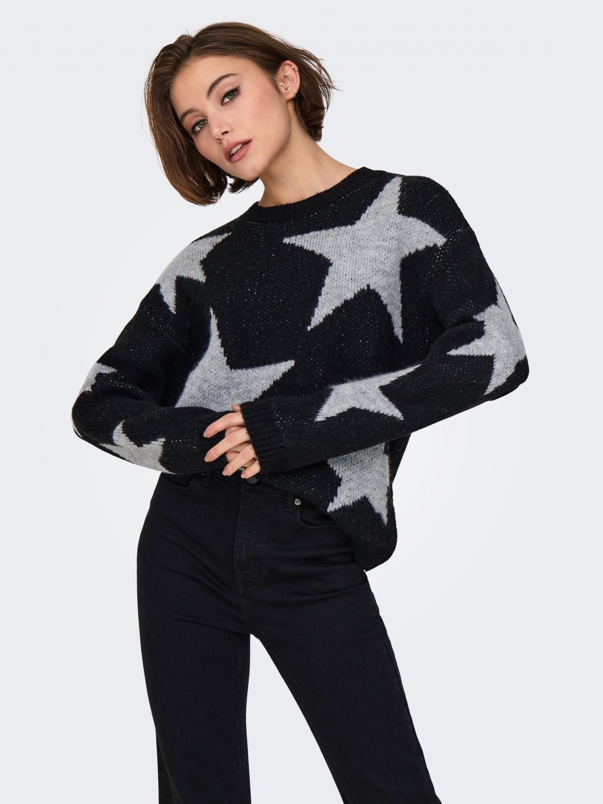 온리 스타패턴 라운드넥 니트 풀오버 15354026_2161_1205183 BLACK / BLACK 이미지 8