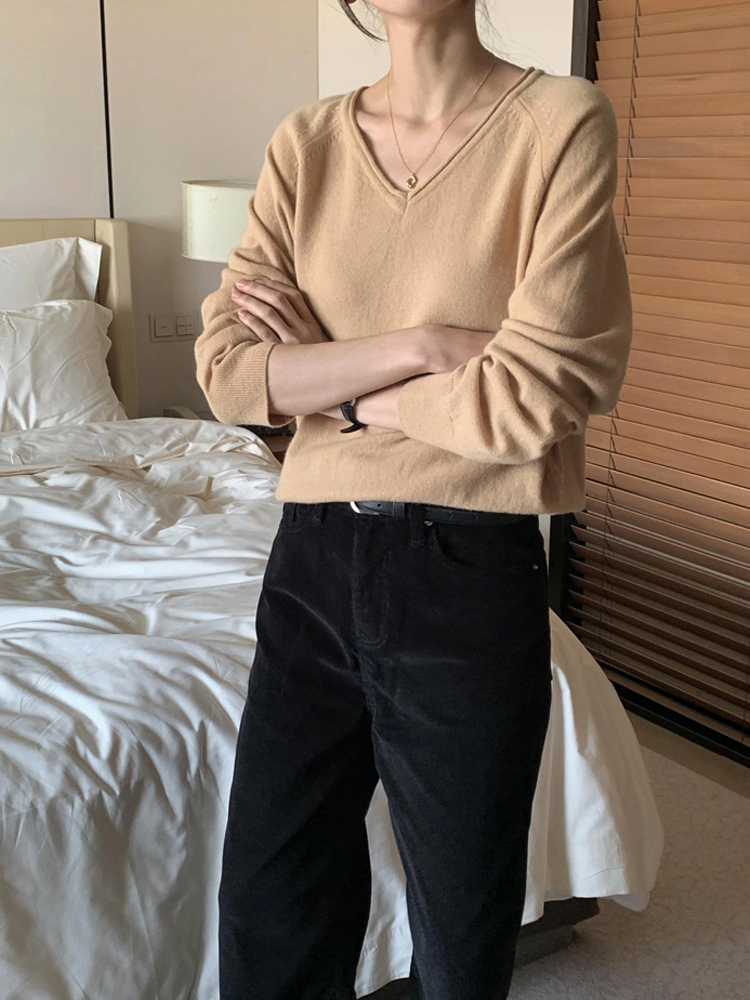 고급스러운 파인 울 캐시미어 니트 루즈핏 브이넥 니트 긴팔 여성 니트티 가을 겨울 - 메인 이미지