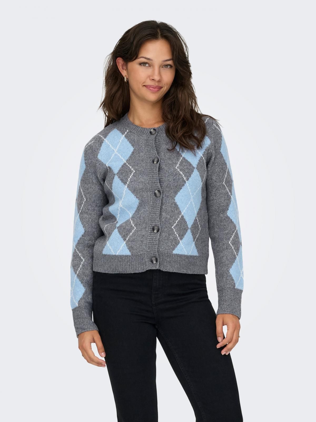 온리 아가일 라운드넥 니트 카디건 15366045_2382_1253237 GREY / MEDIUM GREY MELANGE - 상품 이미지