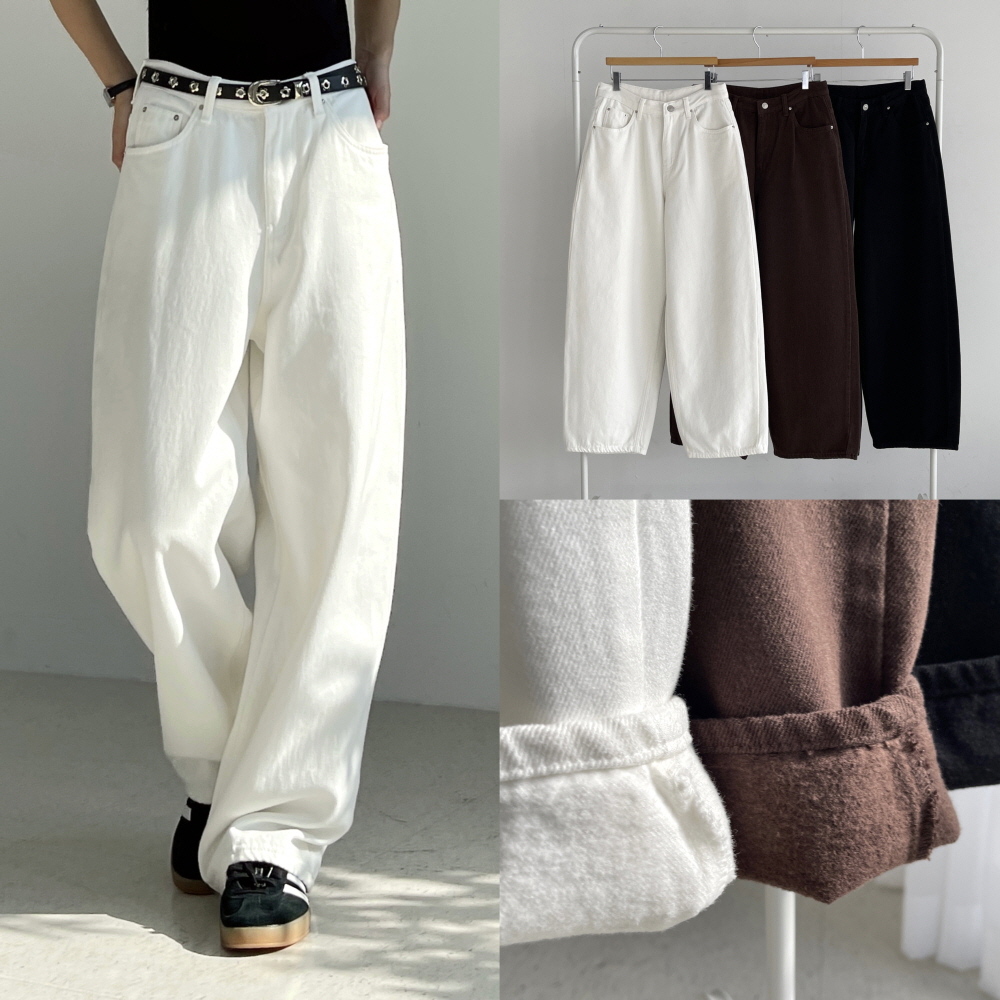 울기모바지 여성 겨울 화이트 브라운 블랙 벌룬핏 통바지 커브드울 와이드팬츠 제품 이미지