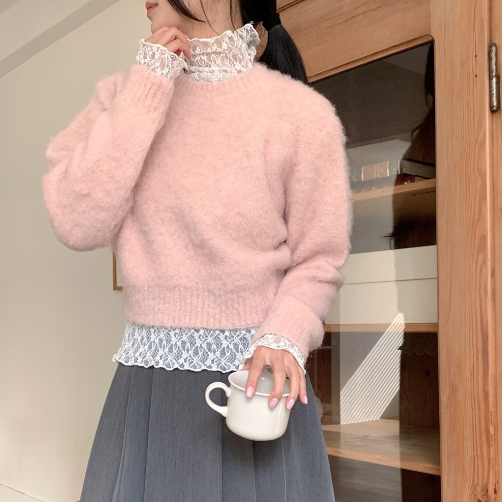 데일리즈 레이스목폴라 물결레이어드티셔츠 시스루하이넥 얇은폴라 흰티 자체제작 제품 이미지