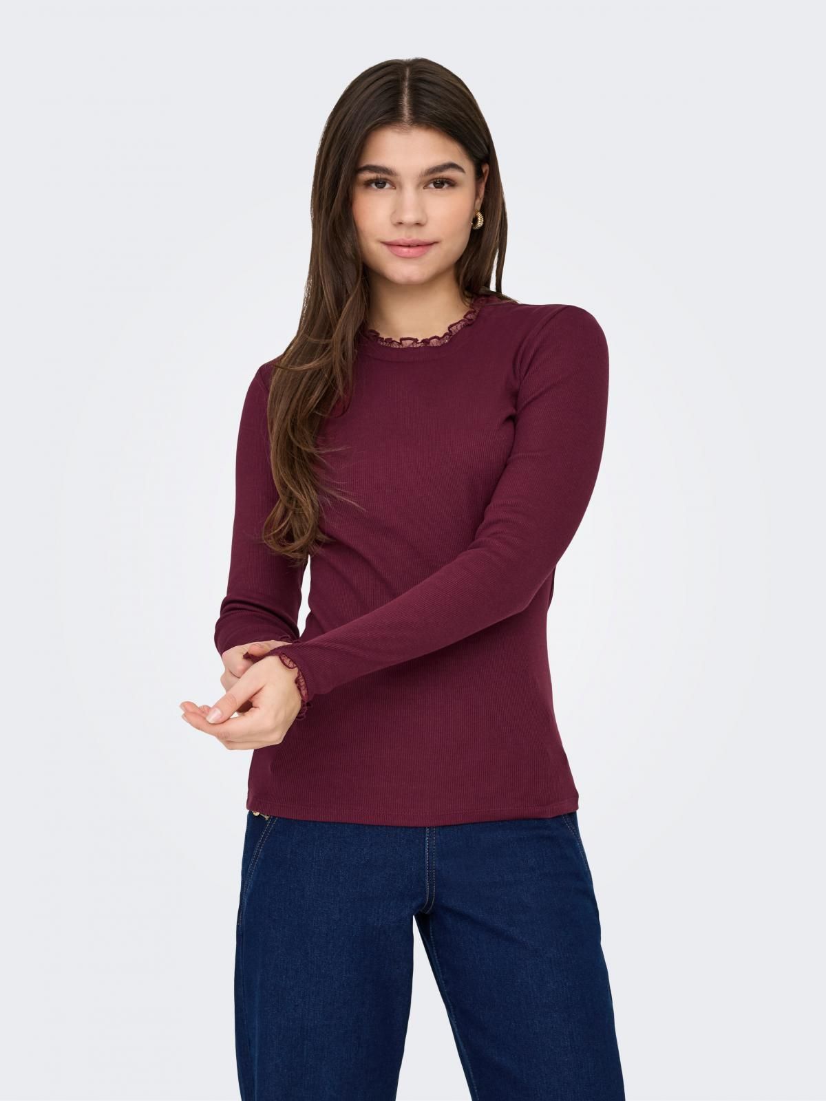 온리 레이스 라운드넥 긴팔 티셔츠 버건디 15277888_1013 PURPLE / BURGUNDY - 상품 이미지