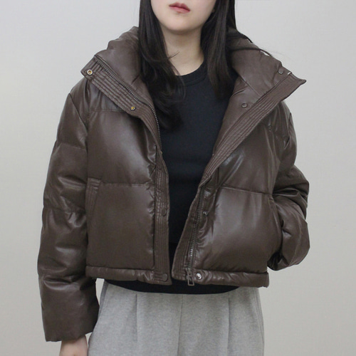 여성 겨울 하이넥 글로시 레자 덕다운 오리털 숏 패딩 이미지 7