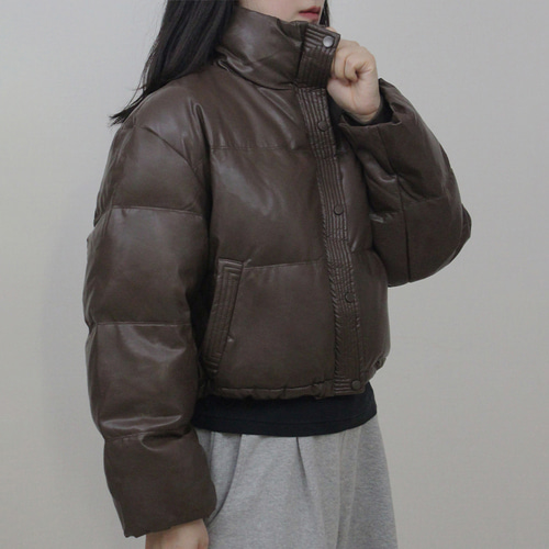 여성 겨울 하이넥 글로시 레자 덕다운 오리털 숏 패딩 - 상세 이미지 3