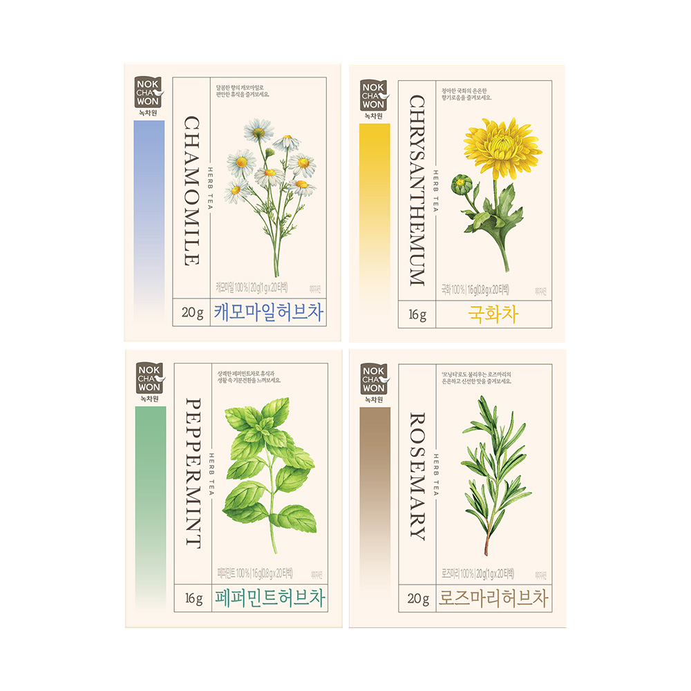 [녹차원] 카페인제로 허브차 20티백 4종세트 (캐모마일+페퍼민트+국화+로즈마리) - 상품 이미지