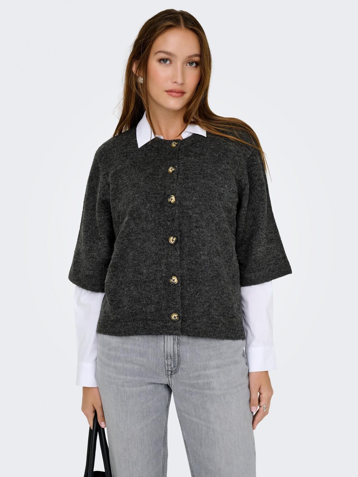 온리 모던 라운드넥 숏슬리브 니트 카디건 15348772_2383 GREY / DARK GREY MELANGE - 상품 이미지