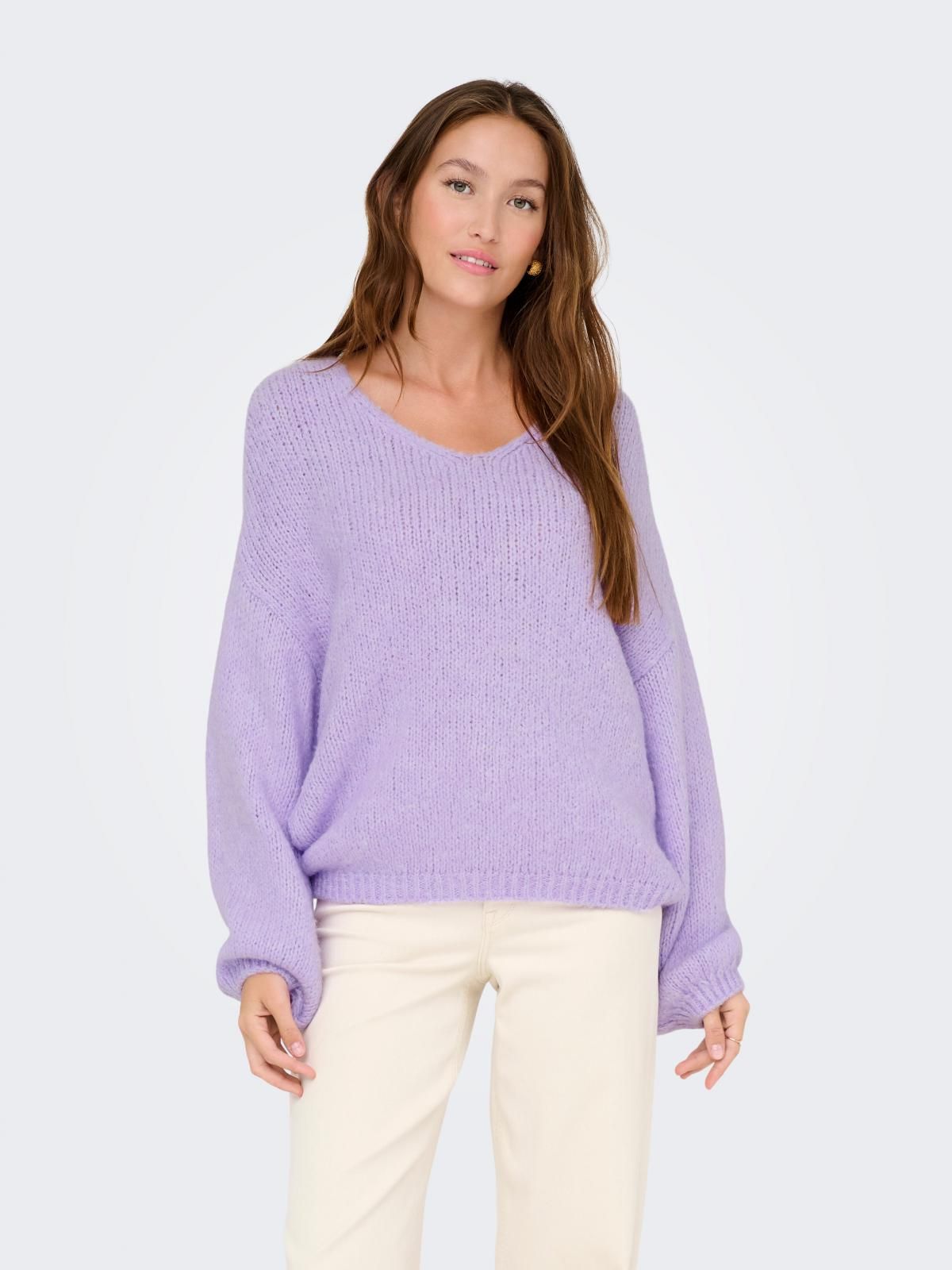 제이디와이 라벤더 루즈핏 브이넥 니트 스웨터 15334709_1129 PURPLE / PASTEL LILAC - 상품 이미지