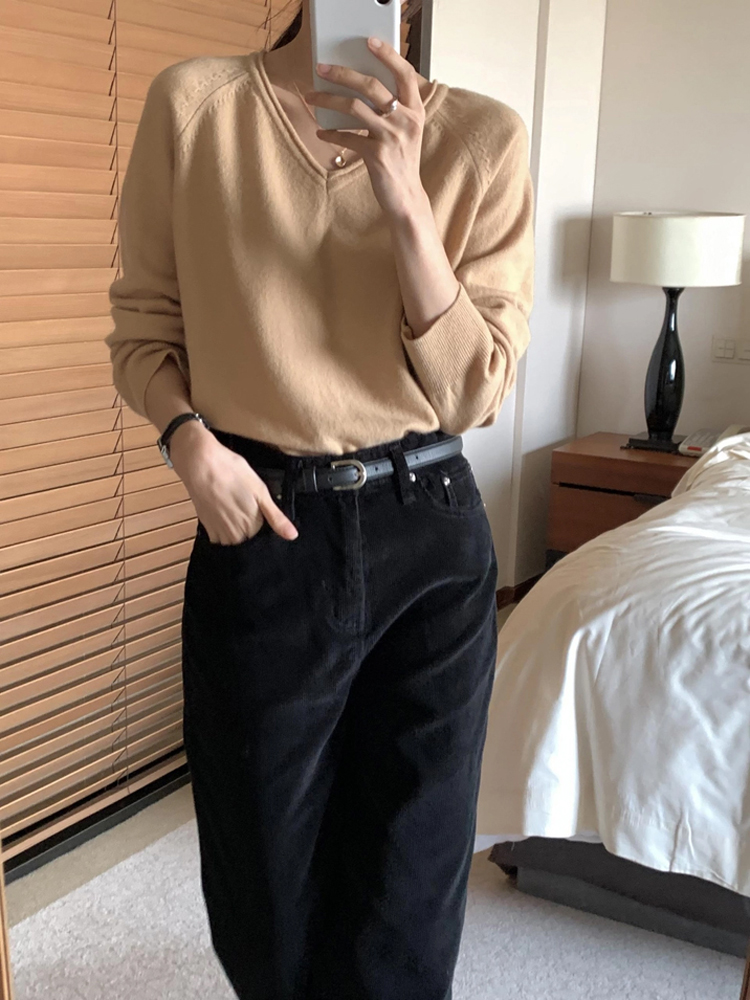 고급스러운 파인 울 캐시미어 니트 루즈핏 브이넥 니트 긴팔 여성 니트티 가을 겨울 - 상세 이미지 2