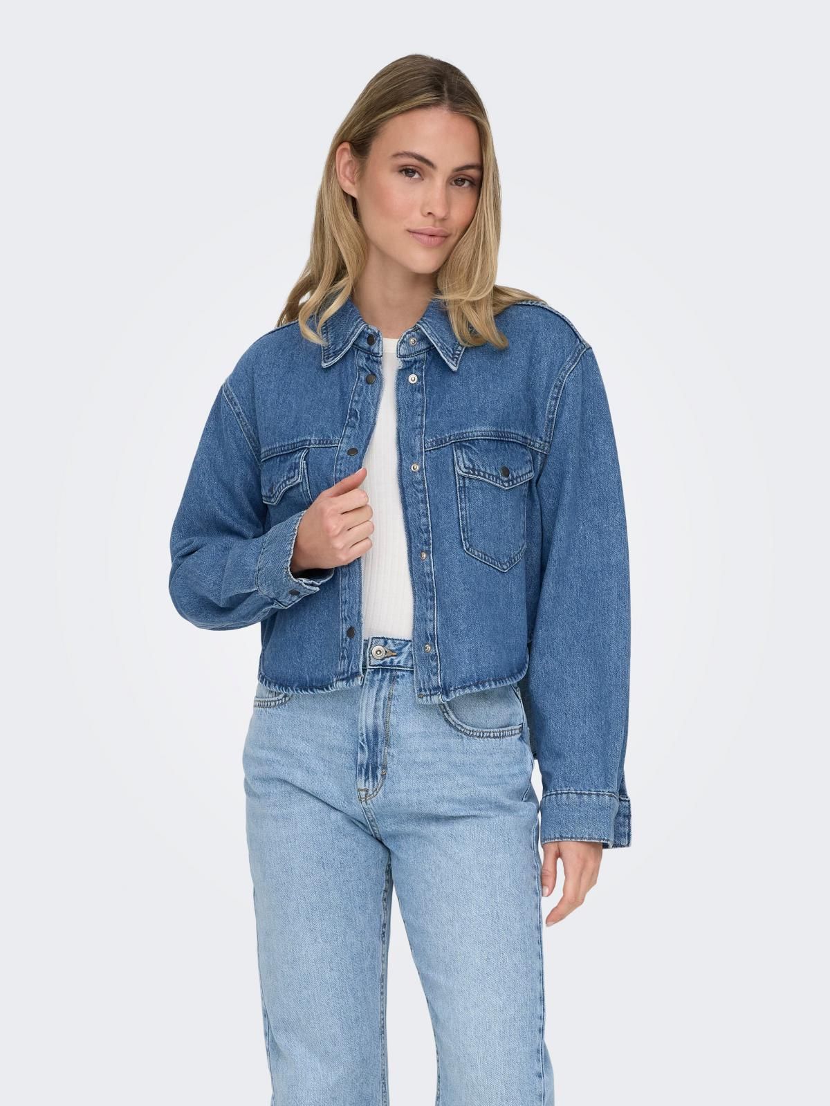 온리 트렌디 크롭 데님 셔츠 15332079_2115 BLUE / MEDIUM BLUE DENIM - 상세 이미지 2