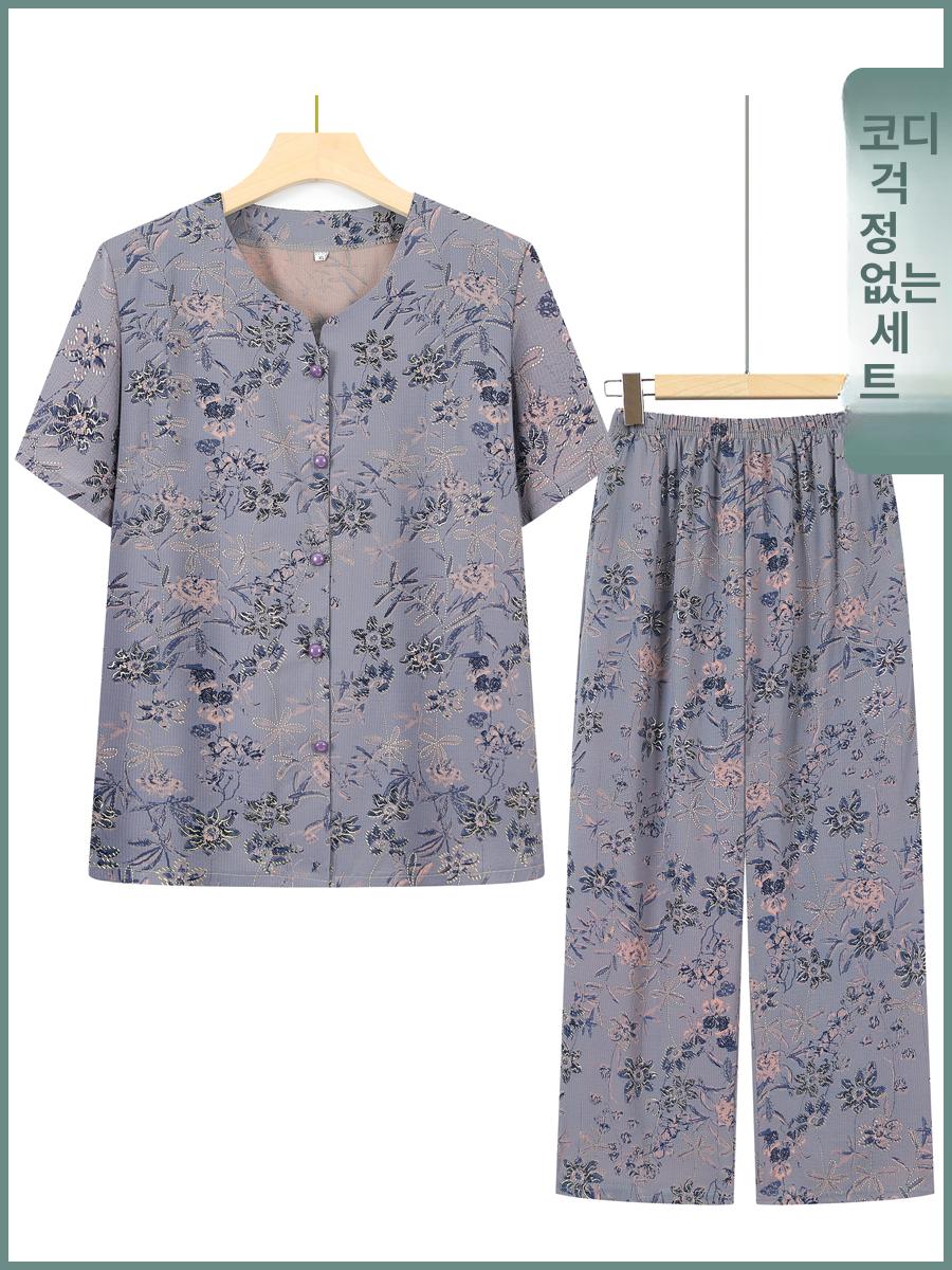 어머니 여름옷 투피스 할머니 반팔 상하의 세트 선물 - 상세 이미지 3