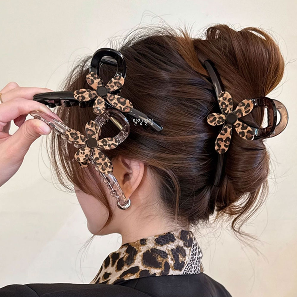 레오파드 꽃집게핀 대형 올림머리핀 호피 포인트 헤어핀 - 상품 이미지
