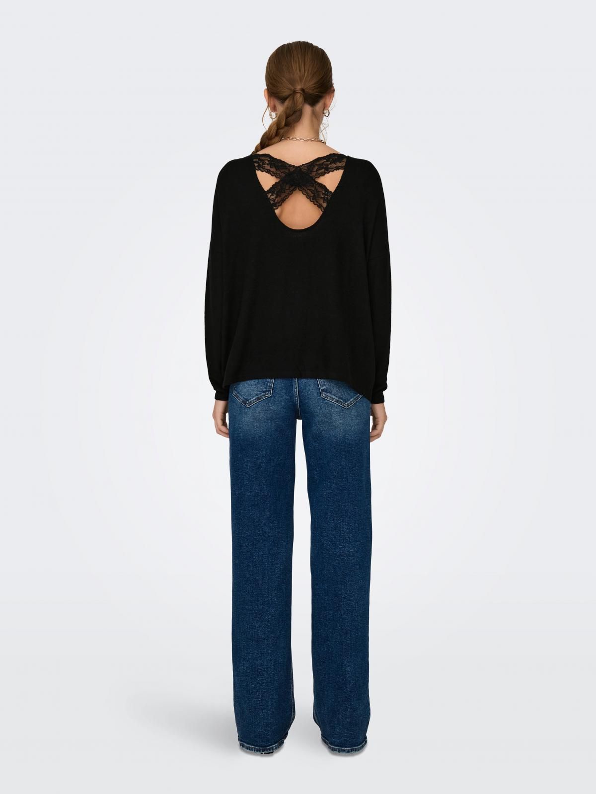 온리 라운드넥 레이스 디테일 블랙 니트 풀오버 15267147_2161_987512 BLACK / BLACK - 상세 이미지 3