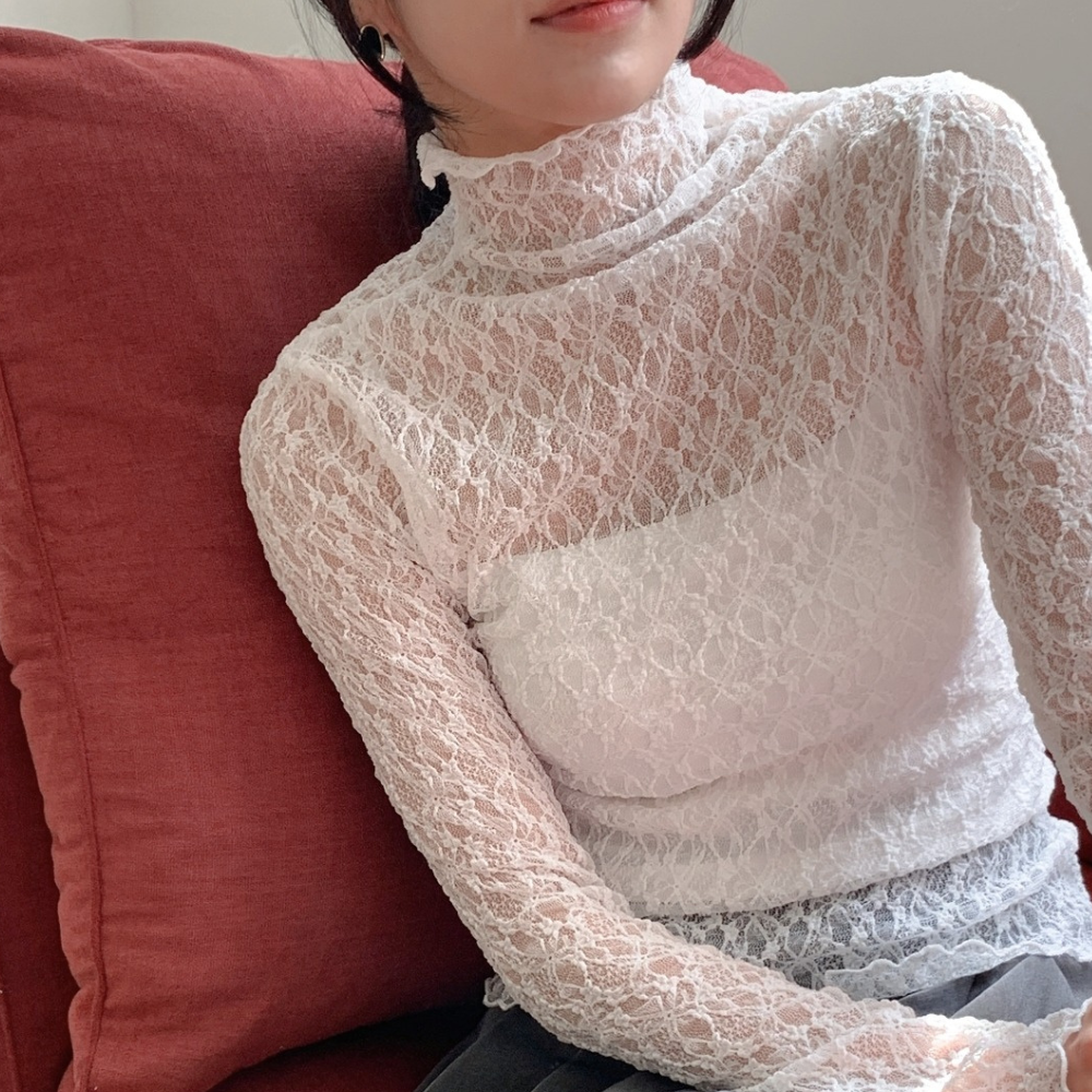 데일리즈 레이스목폴라 물결레이어드티셔츠 시스루하이넥 얇은폴라 흰티 자체제작 - 상세 이미지 5