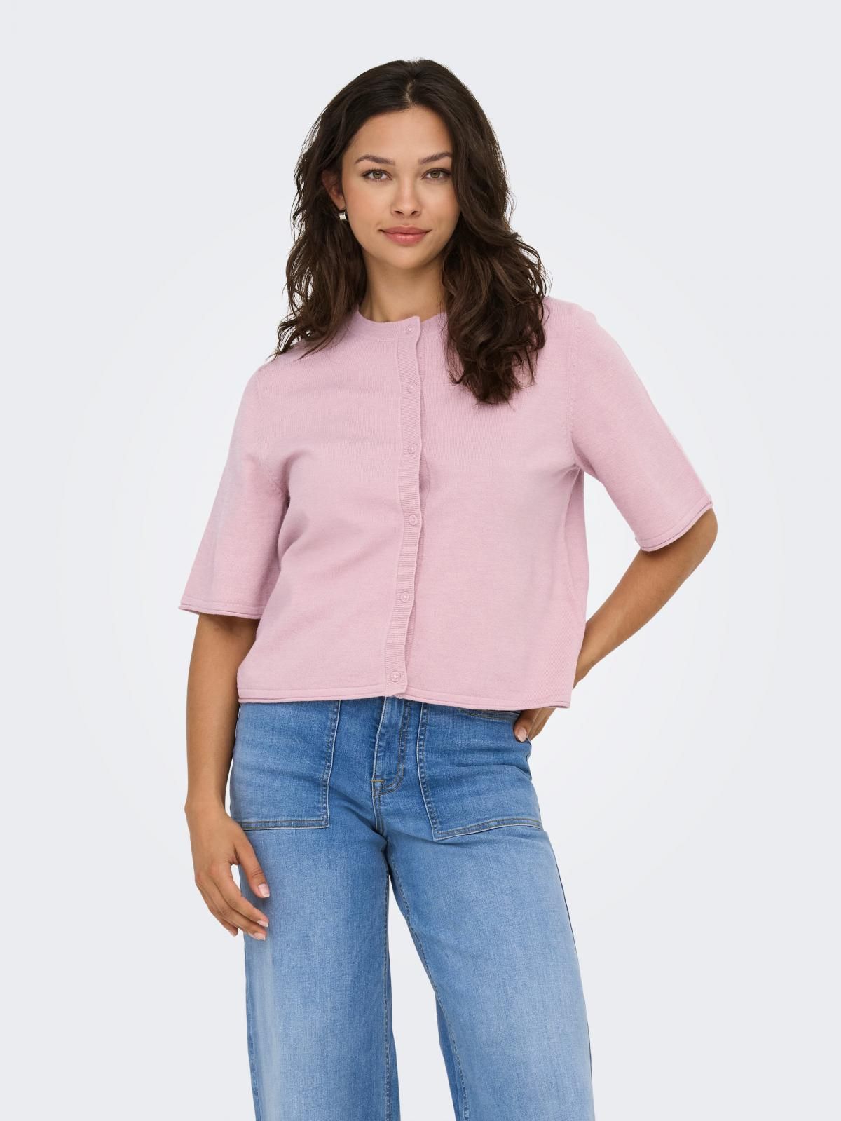 온리 라운드넥 니트 반팔 버튼 숏 가디건 15357001_990 ROSE / PALE MAUVE - 상세 이미지 2