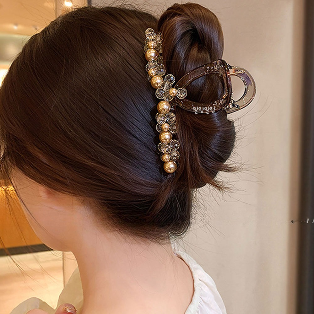 샴페인 진주 투명집게핀 크리스탈 비즈 헤어핀 명품머리핀 - 상세 이미지 5