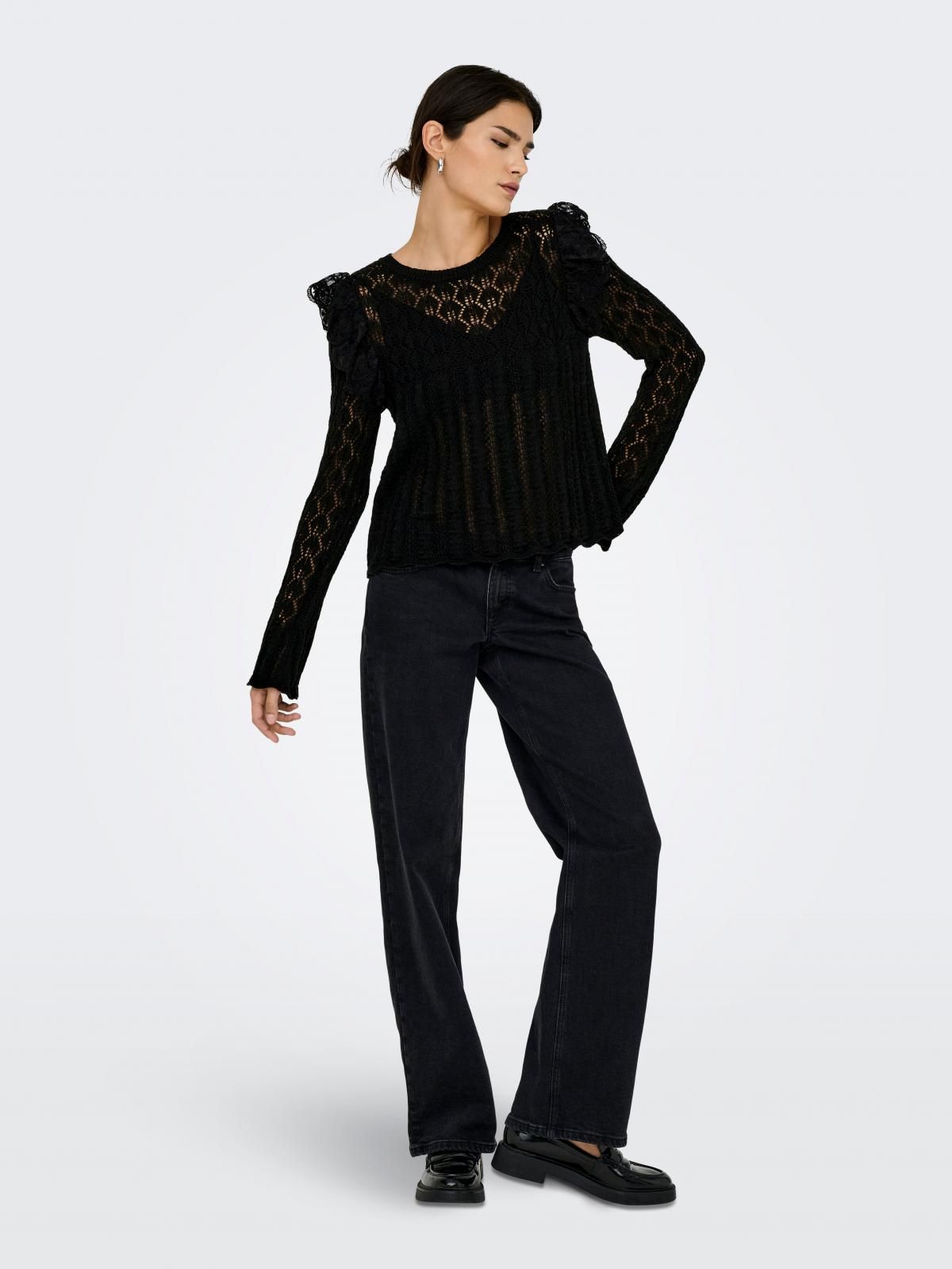 온리 레이스 디테일 라운드넥 블랙 긴팔 니트 15352972_2161_1201484 BLACK / BLACK - 상세 이미지 5