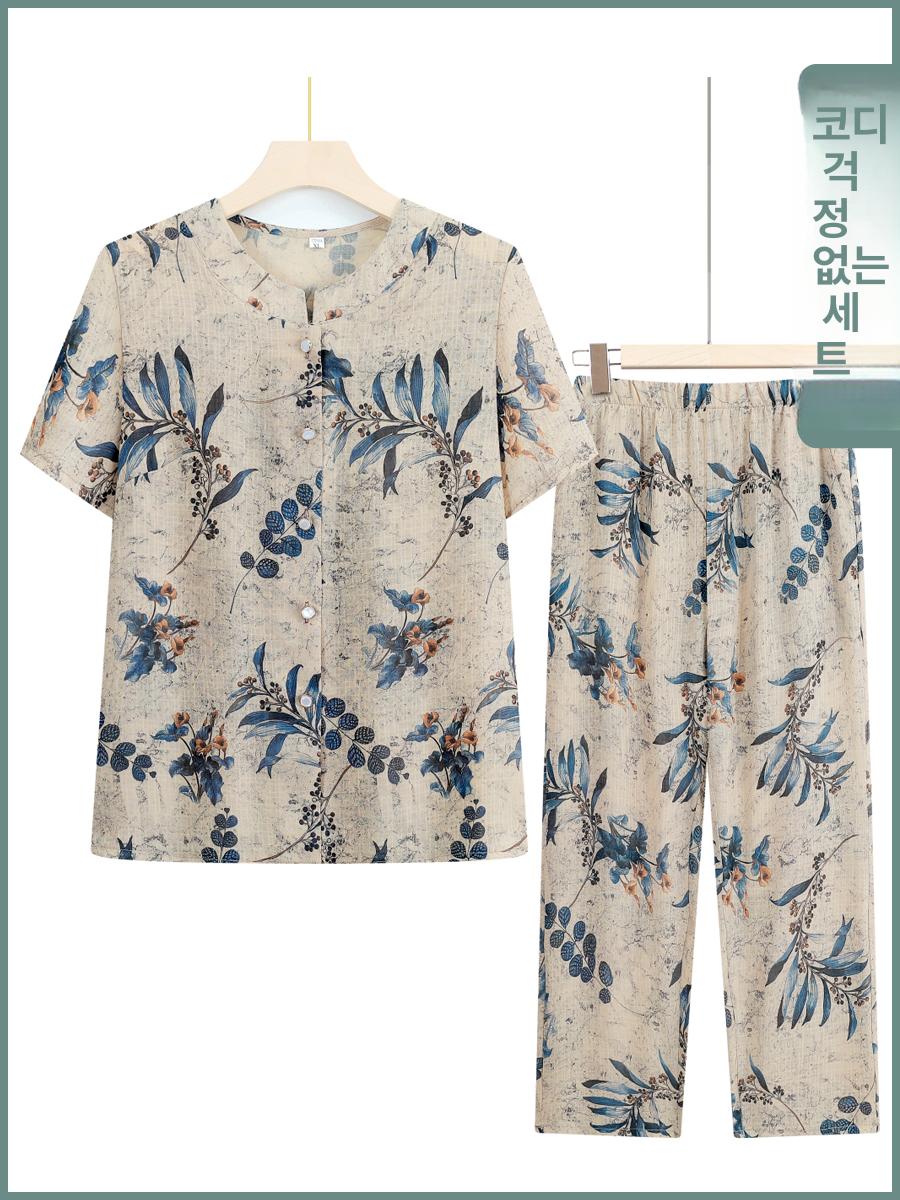 어머니 여름옷 투피스 할머니 반팔 상하의 세트 선물 - 메인 이미지