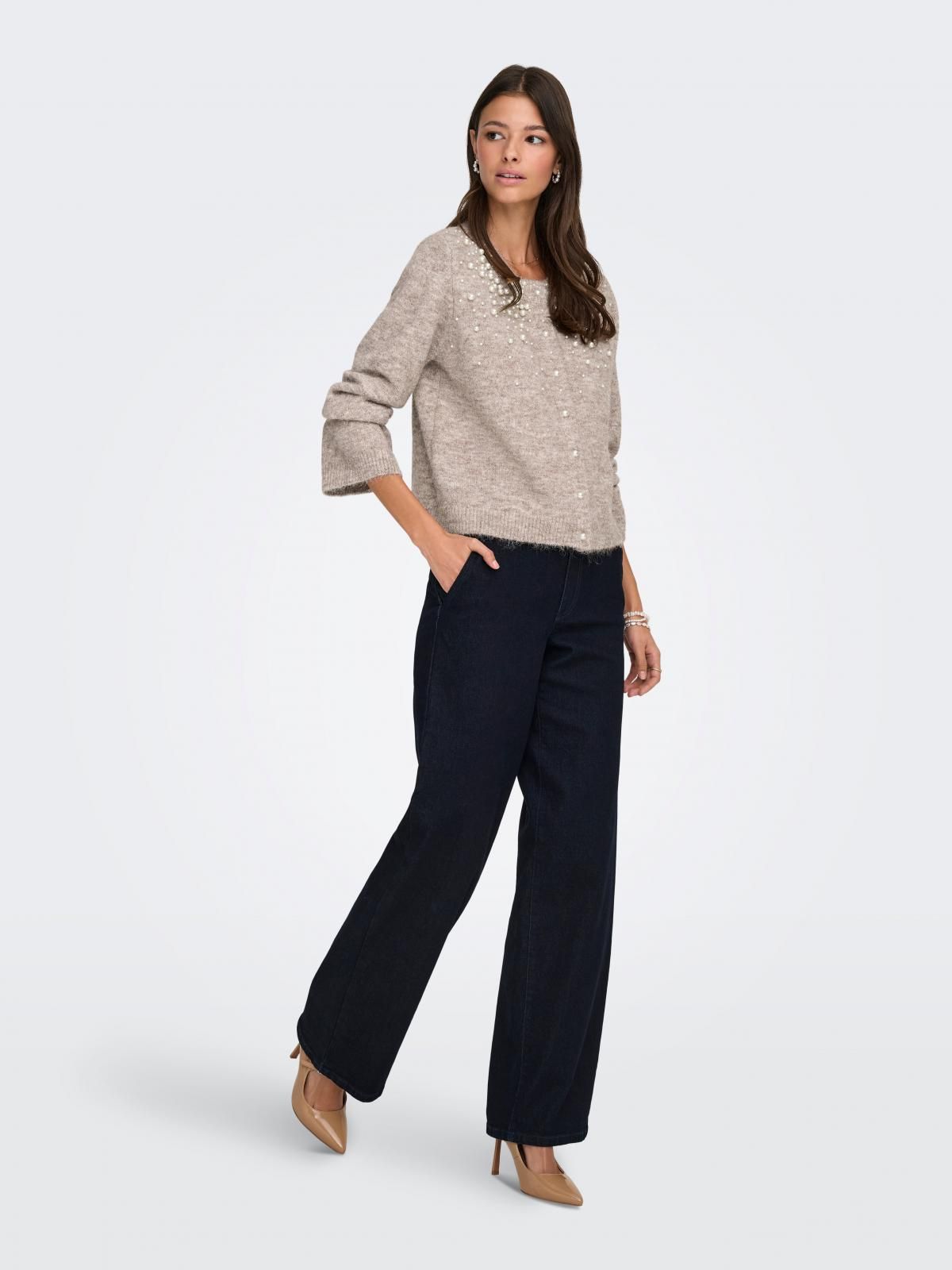 온리 펄장식 플랫니트 라운드넥 카디건 15375519_7383_1278984 BROWN / MALT BALL - 상세 이미지 5