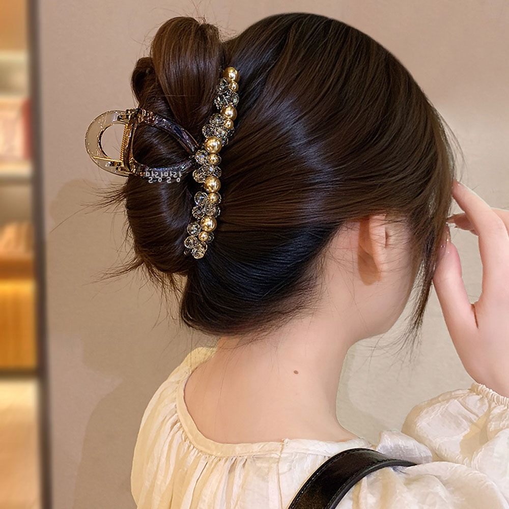 샴페인 진주 투명집게핀 크리스탈 비즈 헤어핀 명품머리핀 - 상세 이미지 2