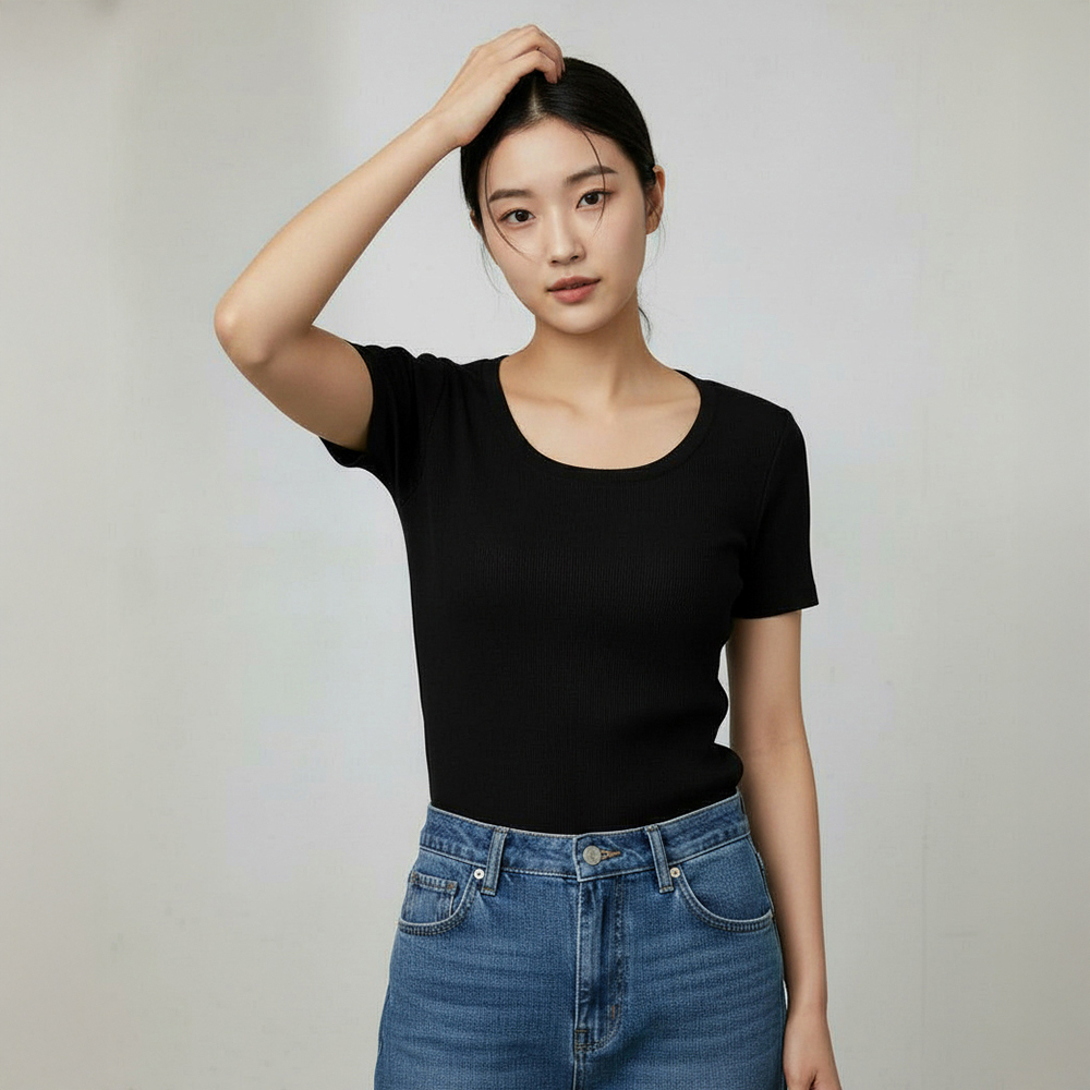누모 여성 무지 골지 스판 U넥 레이어드 이너 반팔 티셔츠 - 상세 이미지 3
