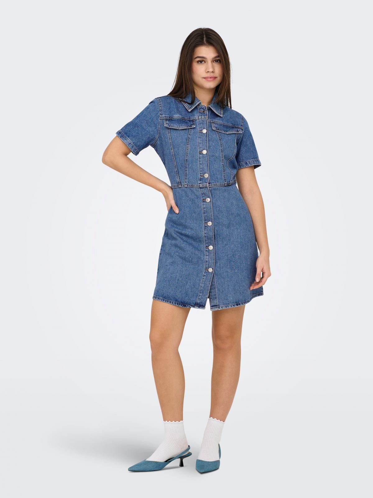 온리 트렌디 데님 셔츠카라 미니 원피스 15355044_2115 BLUE / MEDIUM BLUE DENIM 이미지 6