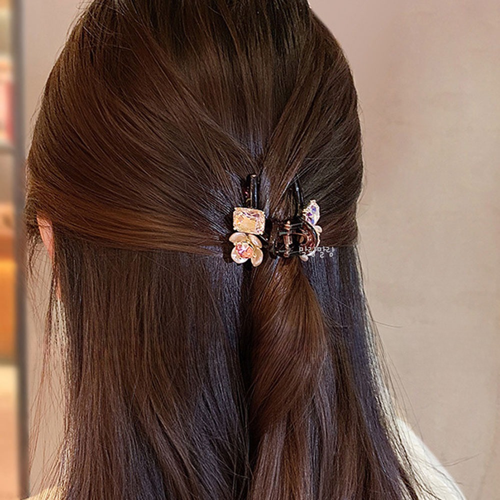 러블리 핑크 플라워 큐빅머리핀 반묶음집게핀 반머리헤어핀 - 상세 이미지 5