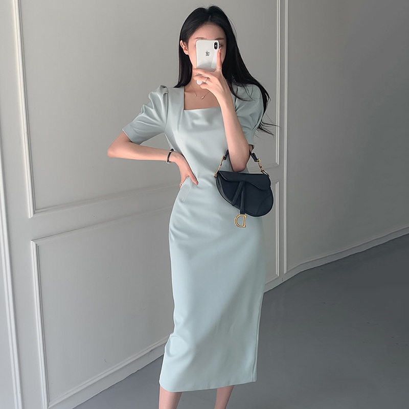 퍼프 슬림 원피스 하객룩 돌잔치 겨울 옷자락 오프숄더 머메이드 브이넥 드레스 스퀘어넥 미니 - 상세 이미지 3