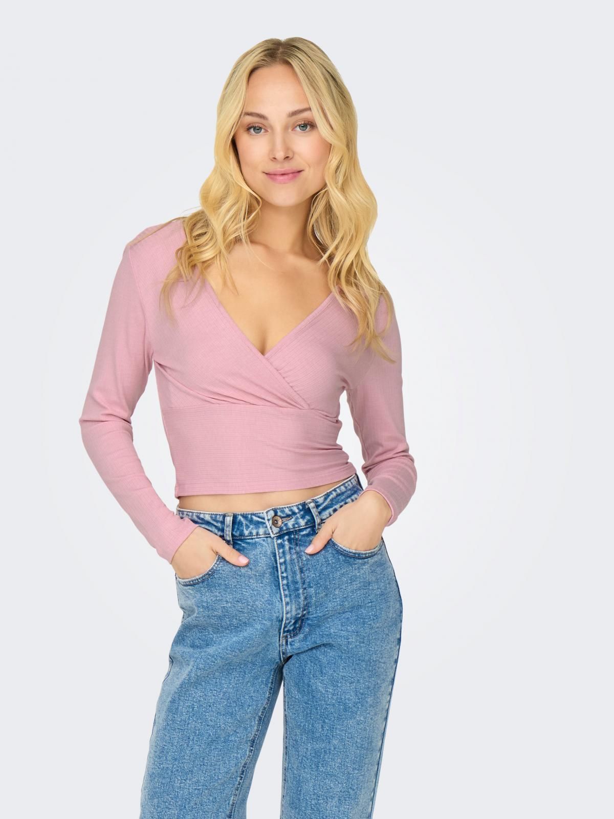 온리 페미닌 크롭 브이넥 랩 긴팔티셔츠 15332979_8263 RED / BLEACHED MAUVE - 상품 이미지