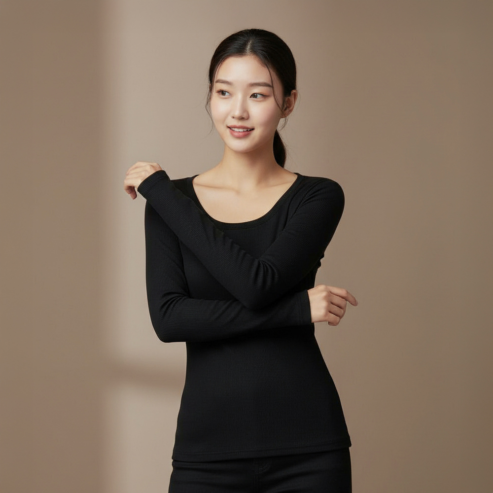 누모 겨울 여성 무지 골지 스판 U넥 레이어드 이너 긴팔 티셔츠 - 상품 이미지