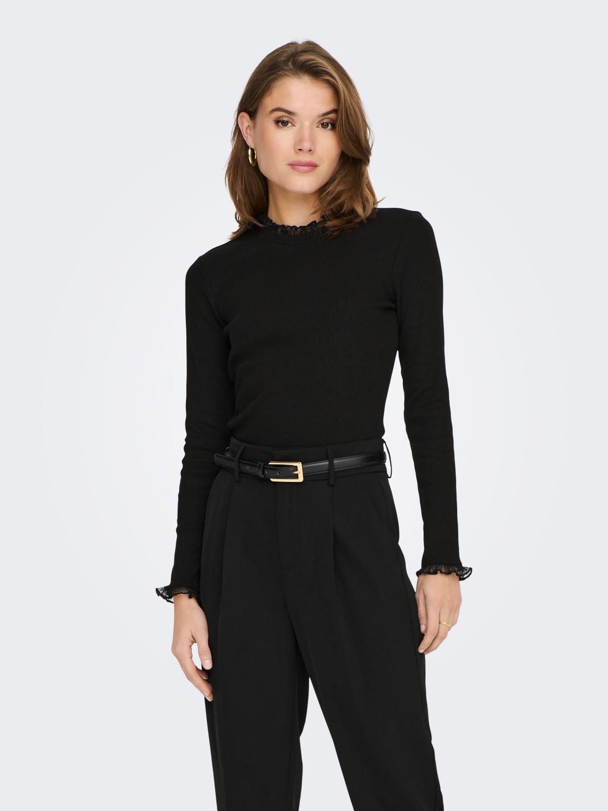 온리 레이스 디테일 라운드넥 베이직 긴팔탑 15277888_2161 BLACK / BLACK - 상품 이미지