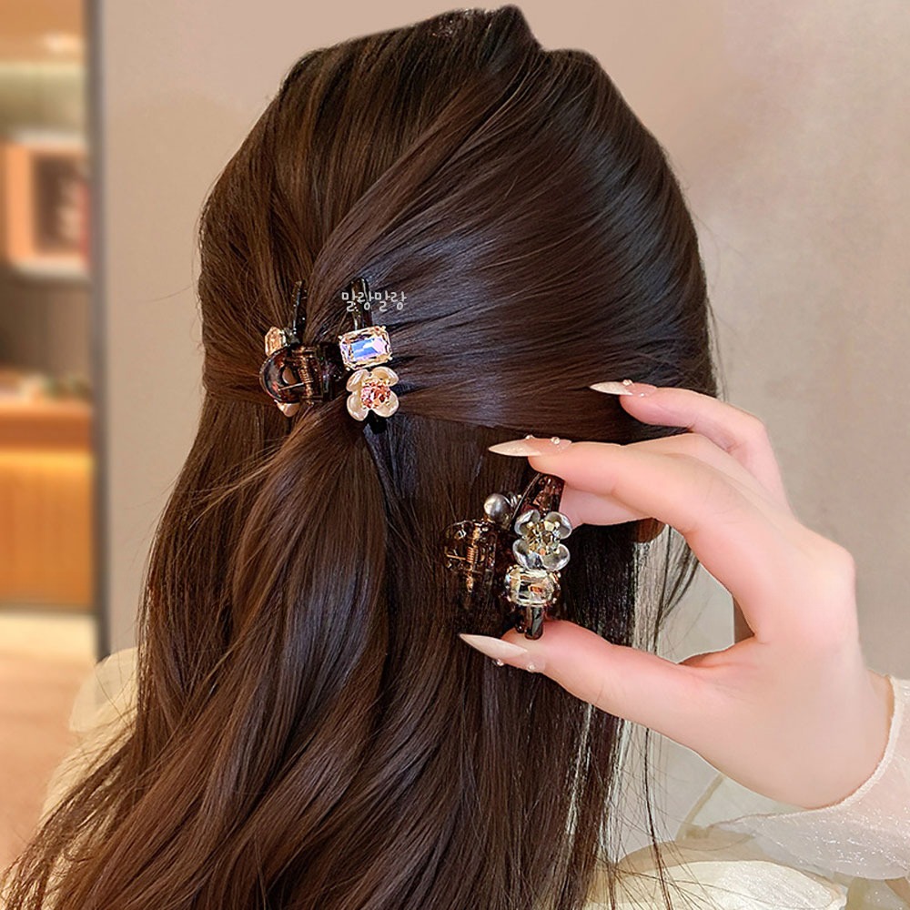 러블리 핑크 플라워 큐빅머리핀 반묶음집게핀 반머리헤어핀 - 상품 이미지