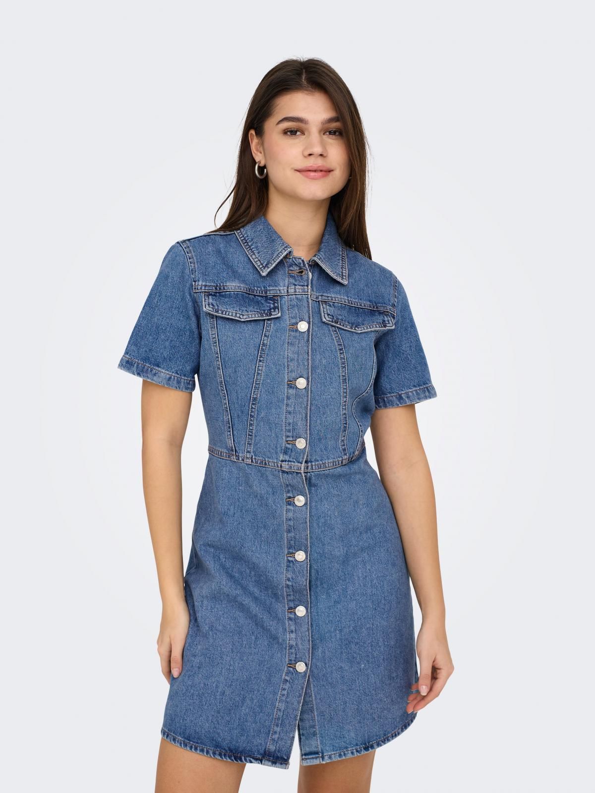 온리 트렌디 데님 셔츠카라 미니 원피스 15355044_2115 BLUE / MEDIUM BLUE DENIM - 상품 이미지