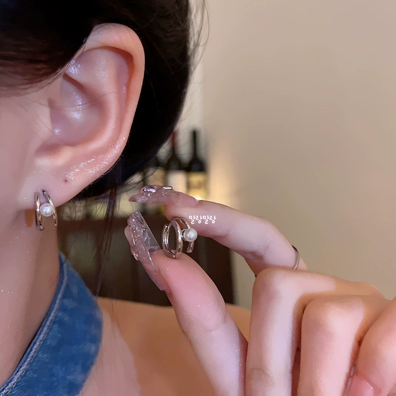 미니 실버 원터치 심플 링 진주 귀걸이 데일리 포인트이어링 - 메인 이미지