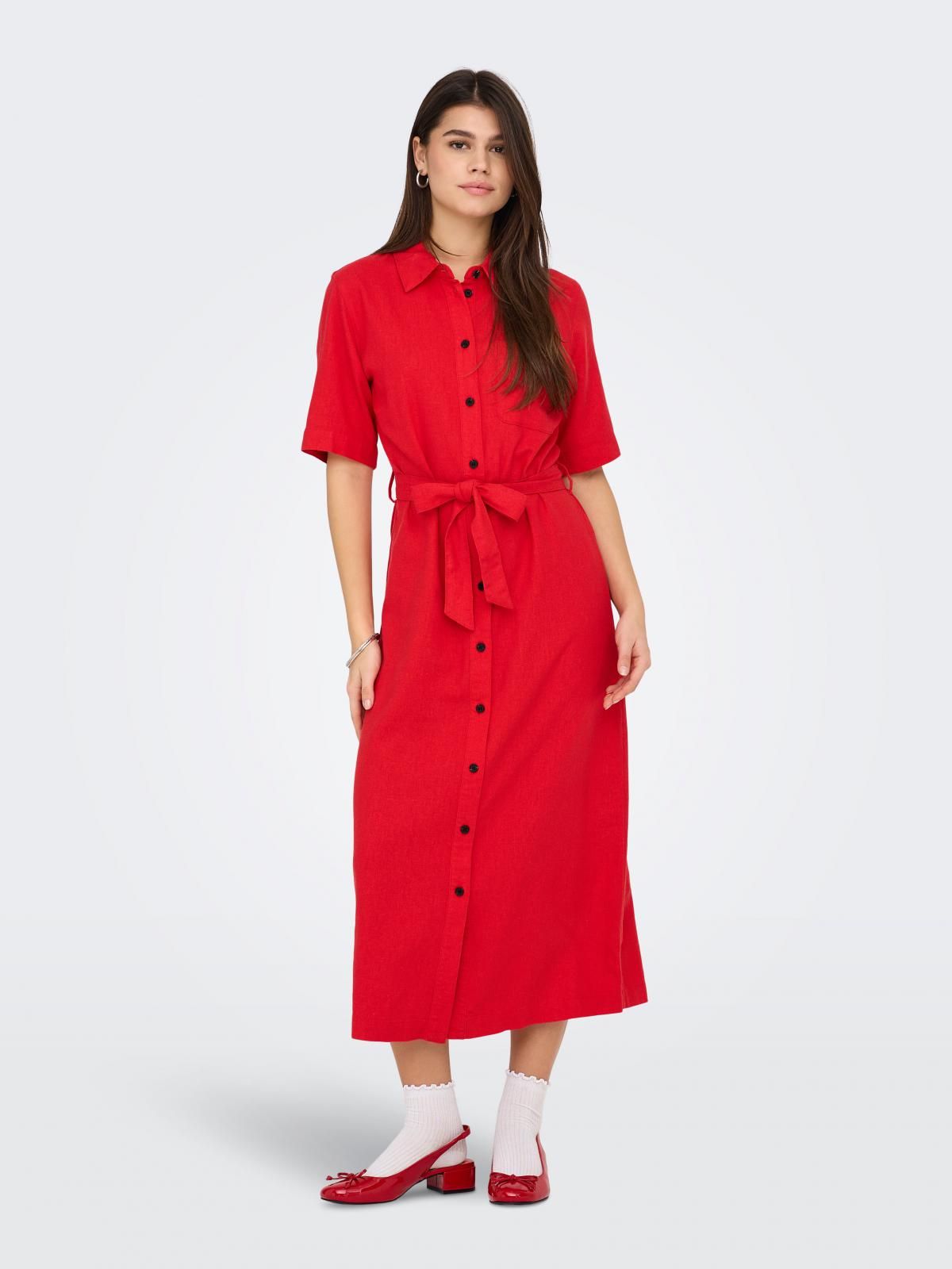 온리 레드 셔츠카라 벨트 롱 원피스 15338884_767 RED / MARS RED - 상품 이미지