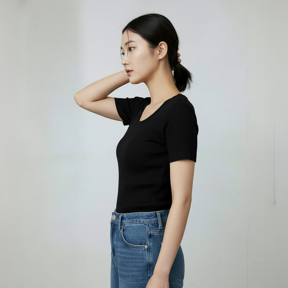 누모 여성 무지 골지 스판 U넥 레이어드 이너 반팔 티셔츠 - 상세 이미지 4