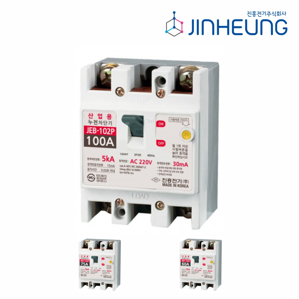 산업용 누전차단기 JEB-102P 100AF 2P 100A 75A 60A 분전함 전등 콘센트 차단기 진흥전기 - 상품 이미지