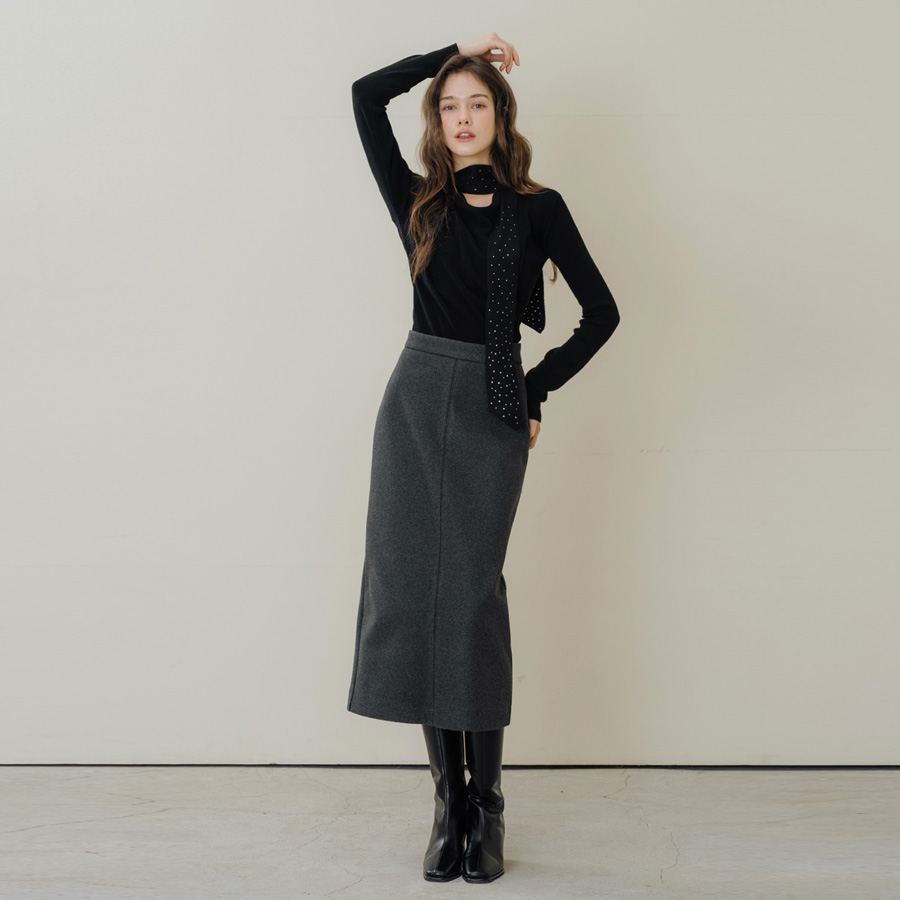 슬릿 H 하이웨스트 알파카라이크 모직 롱 스커트 (CHARCOAL, 3SIZE) - 상세 이미지 3