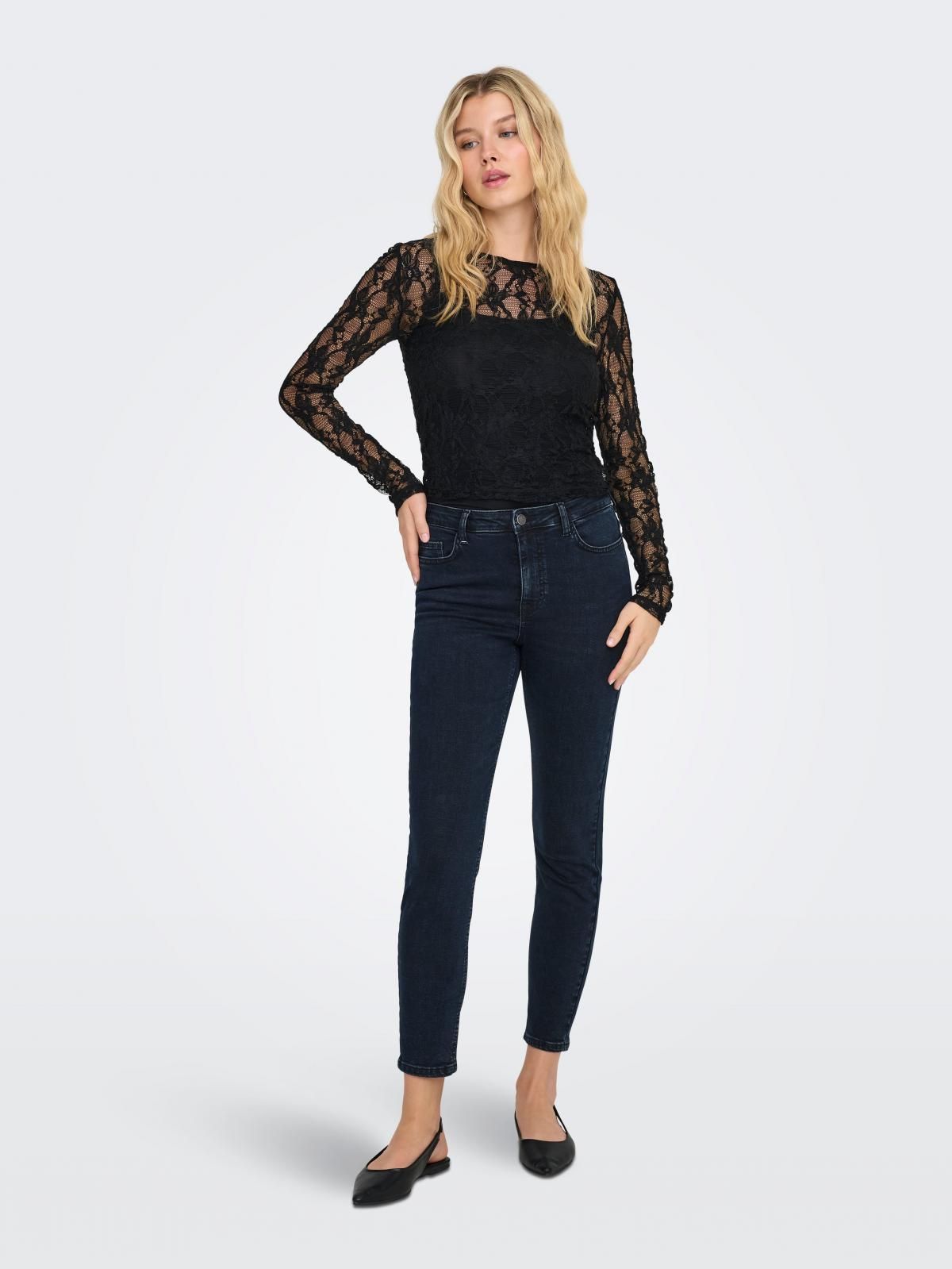 온리 레이스 크롭 라운드넥 긴팔 탑 15363763_2161 BLACK / BLACK - 상세 이미지 5