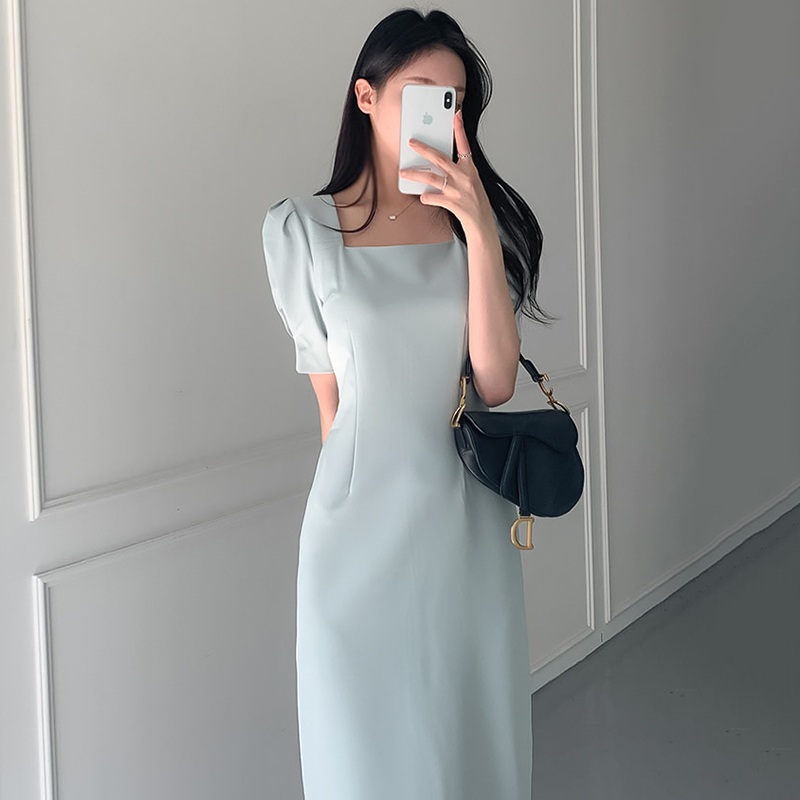 퍼프 슬림 원피스 하객룩 돌잔치 겨울 옷자락 오프숄더 머메이드 브이넥 드레스 스퀘어넥 미니 - 상품 이미지